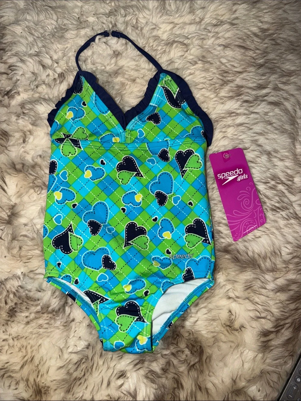New Speedo Girls Blue & Green Heart-Print One-Piece Swimsuit 4 bathing suit pool